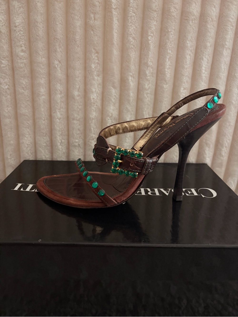 Cesare Paciotti Brown Leather Slingback Heels with Emerald Stones - Picture 4 of 5